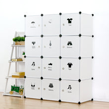 Load image into Gallery viewer, Results unicoo multi use diy plastic 12 cube organizer toy organizer bookcase storage cabinet wardrobe closet white with door sticker deeper cube white